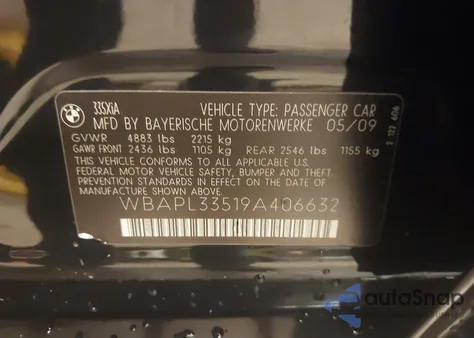 2009 BMW 335I xDrive из США, поврежденный, VIN WBAPL33519A406632